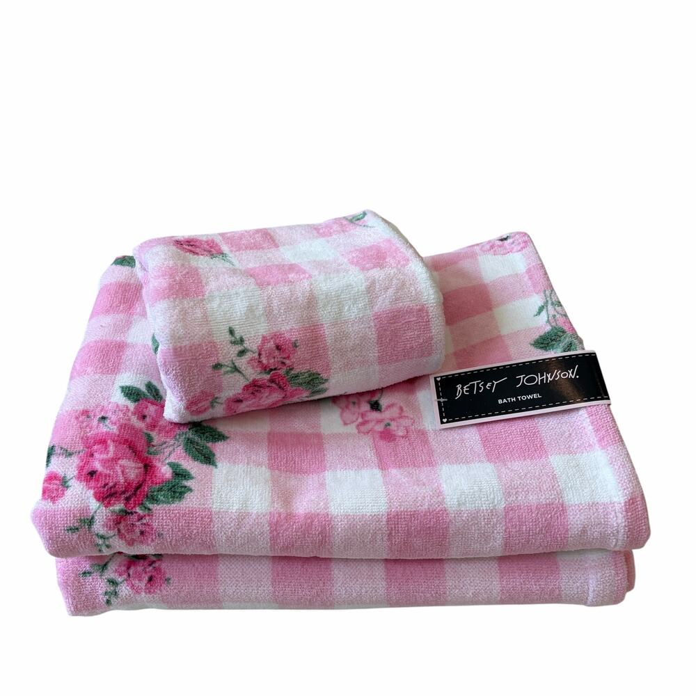 Betsey Johnson Pink Gingham Floral Towels 3pc Set 2 Bath 1 Hand 100% Cotton NEW
